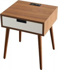 img 4 attached to Frylr Bedside Table With Drawers And Phone Charging Port - Stylish End Table For Living Rooms In Light Walnut And White