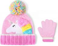 kids knit unicorn beanie hat with gloves: winter protection for girls logo