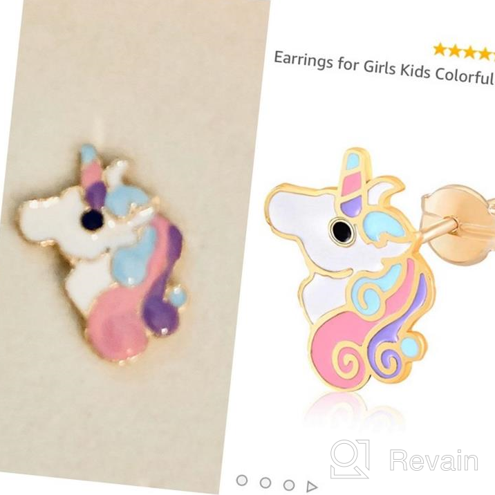 img 1 attached to 🦄 Girls' Gift: Pink and White Enamel Unicorn Stud Earrings in 14k Yellow Gold review by Megan Hartman