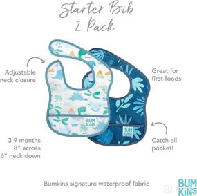 img 1 attached to Bumkins Starter Bib, Waterproof Baby Bib for Infants, Fits Babies 3-9 Months - Dinosaurs, Blue Tropic (2-Pack)