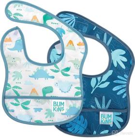 img 4 attached to Bumkins Starter Bib, Waterproof Baby Bib for Infants, Fits Babies 3-9 Months - Dinosaurs, Blue Tropic (2-Pack)