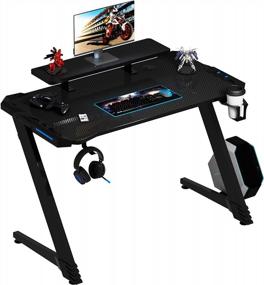 img 4 attached to Sandinrayli 48” Gaming Desk With 2-Tier Monitor Shelf, Large Mousepad, Headphone Hook, Cupholder, And LED Lights - L-Shaped Legs PC Workstation Game Table
