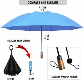 img 2 attached to Компактный ветрозащитный дорожный зонт с голубым перевернутым дизайном, идеально подходящий для пеших прогулок: прочная деревянная ручка, функциональность наизнанку и защита рюкзака от дождя.
