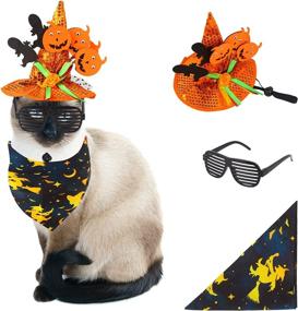 img 1 attached to FOKICOS 3-Piece Cat Puppy Small Dog Halloween Costume Set - Hat, Scarf, Sunglasses - Witch Apparel for Party Cosplay (Size 2)