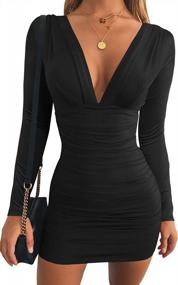 img 4 attached to Sexy V-Neck Bodycon Dress With Ruched Long Sleeves For Women - Perfect For Party And Cocktail Events