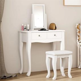 img 3 attached to Белый туалетный столик для спальни с зеркалом, вращающимся на 360°, мягким табуретом, комодом с 2 ящиками - Soges Туалетный столик