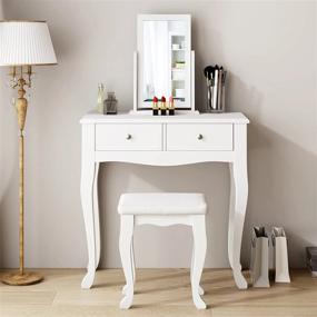 img 2 attached to White Bedroom Makeup Vanity Set With 360° Rotation Mirror, Cushioned Stool, 2-Drawer Dresser Desk - Soges Dressing Table Set