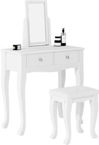 img 4 attached to Белый туалетный столик для спальни с зеркалом, вращающимся на 360°, мягким табуретом, комодом с 2 ящиками - Soges Туалетный столик
