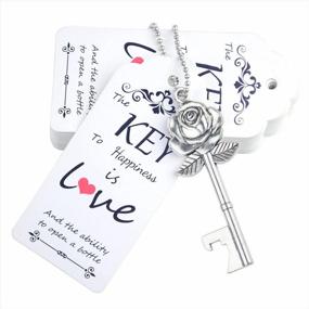 img 4 attached to Rose Flower Key Bottle Openers (52Pcs) - Wedding Favors For Guests, Rustic Wedding Anniversary Party With Escort Tag Card And Keychain (Silver)