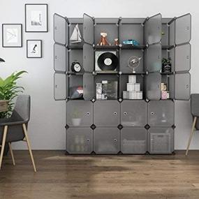 img 2 attached to LANGRIA 20 Cube Stackable Plastic Storage Shelves Modular Closet Cabinet With Hanging Rod For Clothes Shoes Toys Bedroom Living Room (Transparent Gray)
