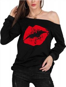 img 4 attached to MAGICMK Woman’S Sweatershirt Lips Print Causal Blouse Off The Shoulder Long Sleeve Loose Slouchy Pullover Plus Size Tops