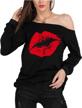 magicmk woman’s sweatershirt lips print causal blouse off the shoulder long sleeve loose slouchy pullover plus size tops logo