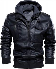 img 4 attached to Мужская кожаная мотоциклетная куртка-бомбер с подкладкой из флиса со съемным теплым зимним капюшоном