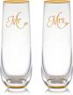 stemless wedding champagne flute - mr and mrs champagne flutes with gold rim & base - wedding gift for bride and groom champagne glass - bride gift - mr and mrs gift set of 2 by trinkware logo