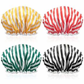 img 4 attached to POPCHOSE Shower Cap, Large Shower Caps For Women Long Hair, Reusable Double Layer Waterproof Shower Hair Bath Cap, Stylish Stripes Satin Hair Bonnet, Comfortable Soft EVA Lined Shower Hat For All Hair Length