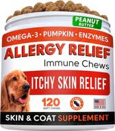 🐶 allergic reaction relief dog treats with omega 3, pumpkin, enzymes, and turmeric - soothes itchy skin - supports immunity & digestion - promotes healthy skin & coat - anti-itch & hot spot relief - made in the usa - peanut butter chews logo