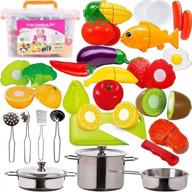 funerica 45-pieces cutting pretend play food set, fruits, vegetables, stainless-steel pots, pans, utensils. toy kitchen accessories playset for toddlers preschoolers kids (includes storage container) logo