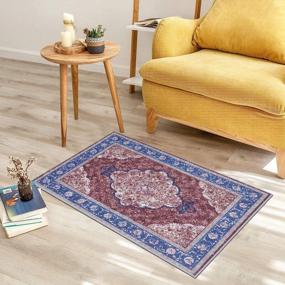 img 3 attached to SHACOS Vintage Doormat 2X3Ft Medallion Area Rug Washable Small Rug Non Slip Rugs Distressed Accent Rug Soft Microfiber Low Pile Rug For Entryway Bathroom Kitchen Indoor Door Mat (Brick Red, Blue)
