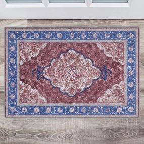 img 4 attached to SHACOS Vintage Doormat 2X3Ft Medallion Area Rug Washable Small Rug Non Slip Rugs Distressed Accent Rug Soft Microfiber Low Pile Rug For Entryway Bathroom Kitchen Indoor Door Mat (Brick Red, Blue)