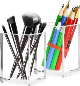img 4 attached to 2 Pack MDHAND Pen Holder - Acrylic Desk Organizer For Pens, Pencils & Makeup Brushes