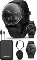 playbetter garmin vivomove sport (black/slate) hybrid smartwatch power bundle - 2022 heart rate monitor watch with text & call portable charger & hd screen protectors - men's fitness tracker logo