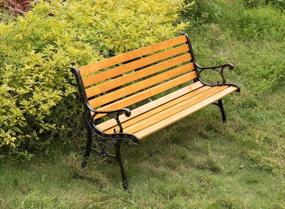 img 1 attached to Наружная деревянная садовая скамейка для патио со стальными подлокотниками и ножками, черная