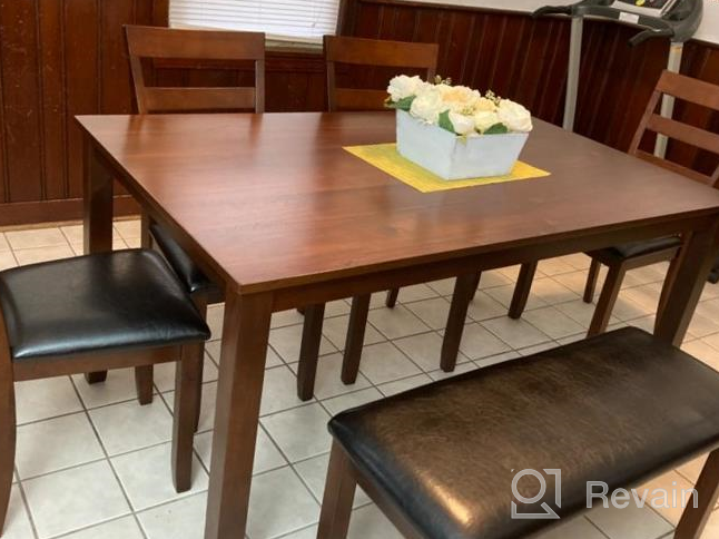 img 1 attached to Mid-Century Style Wooden Dining Table Set With 4 Upholstered Chairs And Bench, Antique Yellow+Gray, 60" L For Dining Room And Kitchen By Merax review by Rachel Brown