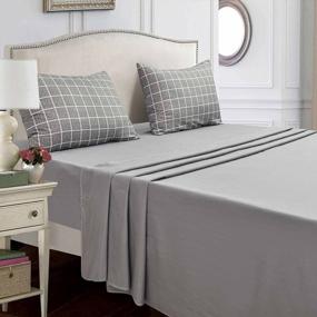 img 3 attached to Modern Grey Grid Plaid Queen Bed Sheet Set - Soft Microfiber Bedding With 4 Pieces Including Fitted And Flat Sheet, 2 Pillowcases, And 14-Inch Pocket - Great For Men And Women