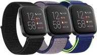 🔸 3 pack nylon bands for fitbit versa 2/versa/versa lite/se - soft breathable sport replacement wristbands - pure black/midnight blue/neon lime logo