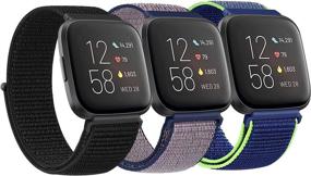 img 4 attached to 🔸 3 Pack Nylon Bands for Fitbit Versa 2/Versa/Versa Lite/SE - Soft Breathable Sport Replacement Wristbands - Pure Black/Midnight Blue/Neon Lime