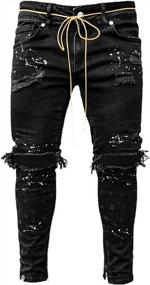 img 3 attached to CHARTOU Мужские рваные джинсовые брюки с забрызгиванием краской, застежкой-молнией и зауженными штанинами