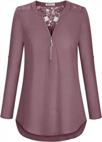 img 3 attached to Moyabo Women'S Chiffon Blouse Tunic Top 3/4 Cuffed Sleeve V Neck Zip Up Lace Patchwork