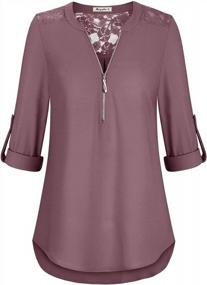 img 4 attached to Moyabo Women'S Chiffon Blouse Tunic Top 3/4 Cuffed Sleeve V Neck Zip Up Lace Patchwork