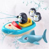 🐳 solday baby bath toys for toddlers 1-3: spray boat, 3 penguin sprinkler, 1 shark wind-up bathtub buddy - pool games play set for kids boys girls logo