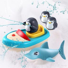 img 4 attached to 🐳 Solday Baby Bath Toys for Toddlers 1-3: Spray Boat, 3 Penguin Sprinkler, 1 Shark Wind-up Bathtub Buddy - Pool Games Play Set for Kids Boys Girls