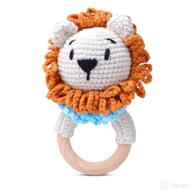 🦁 lamjio crochet lion wooden baby rattle teether ring - yellow lion for 3-6 months - animal rattle baby teething toy with hand grips logo