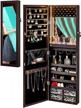luxfurni mirror jewelry cabinet 79 led lights wall-mount/ door-hanging armoire, lockable storage organizer w/ drawers (brown) logo