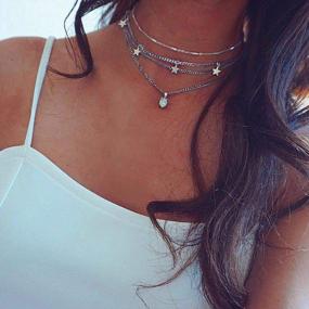 img 4 attached to Silver Opal Pendant Choker Necklace For Women & Girls - Simsly Boho Layered Jewelry Chain