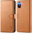 tucch iphone xs max case, pu leather xs max wallet folio cover rfid blocking card slot, kickstand auto wake/sleep wireless charging [shockproof tpu shell] compatible with iphone xs max -light brown logo