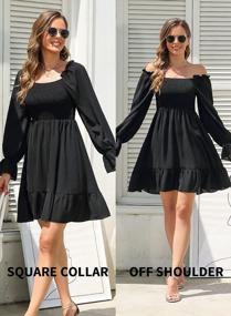 img 2 attached to Women'S Off Shoulder Smocked Ruffle A Line Formal Dress - SouqFone Square Neck Long Flounce Sleeve Shirred Mini Dress High Waist