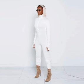 img 3 attached to 🔥 XLLAIS Women's High Neck Zipper Ruched Bodycon Jumpsuit Tracksuit: Stylish & Versatile with Thumb Hole