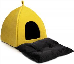 img 2 attached to Hollypet Self-Warming Cat Bed: 2 In 1 Tent Cave For Kittens & Small Dogs, 16X16X17 Triangle House Hut With Washable Cushion For Indoor/Outdoor Use - Ginger