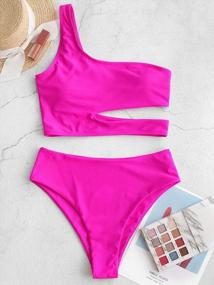 img 2 attached to ZAFUL Women'S Neon One Shoulder Cutout High Cut High Waisted Tankini Swimsuit