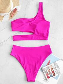 img 1 attached to ZAFUL Women'S Neon One Shoulder Cutout High Cut High Waisted Tankini Swimsuit