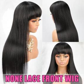 img 3 attached to Get The Perfect Look With A ALIMICE Long Straight Human Hair Wig With Bangs For Black Women - 100% Unprocessed Brazilian Virgin Hair, Machine Made, And Glueless!