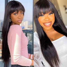 img 4 attached to Get The Perfect Look With A ALIMICE Long Straight Human Hair Wig With Bangs For Black Women - 100% Unprocessed Brazilian Virgin Hair, Machine Made, And Glueless!