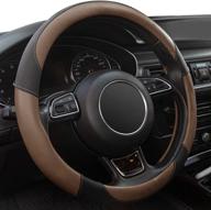 🚗 xizopucy black microfiber leather steering wheel cover - 14 1/2-15 inch - breathable, anti slip - brown logo