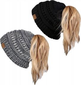 img 4 attached to Women'S Ribbed Beanie Ponytail Messy Bun Hat Cap By Funky Junque