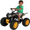 rollplay powersport atv 12v electric 4 wheeler featuring oversized wheels with rubber tire strips for added traction, working headlights, and a top speed of 3 mph, black/yellow logo