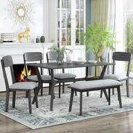 merax 6-piece wooden dining table set with 4 upholstered chairs and bench, mid-century style 60" l kitchen table set (gray+beige) logo